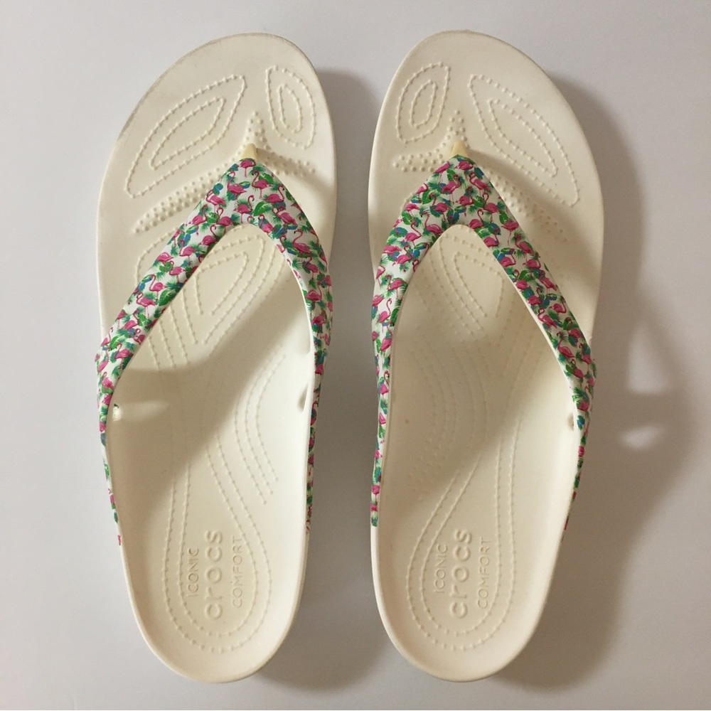 Crocs Ionic Comfort Kadee II White Flamingo Flip Flops Sandals Women's Size 10